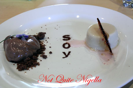 Pannacotta with chocolate soil and ice cream