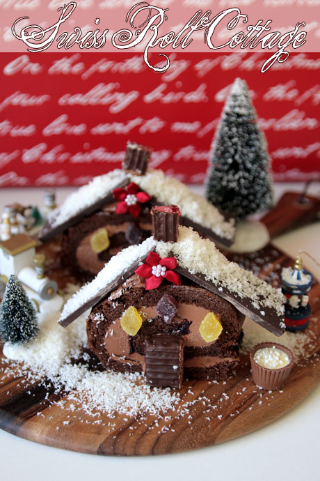 swiss roll christmas cottage cake