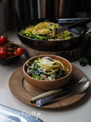 Italian Sausage, Spinach & Pea Spaghetti