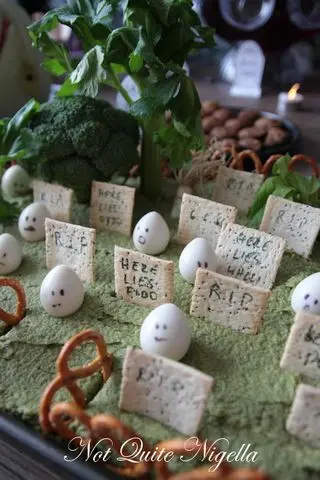 Haunted graveyard dip with cracker tombstones and egg ghosts